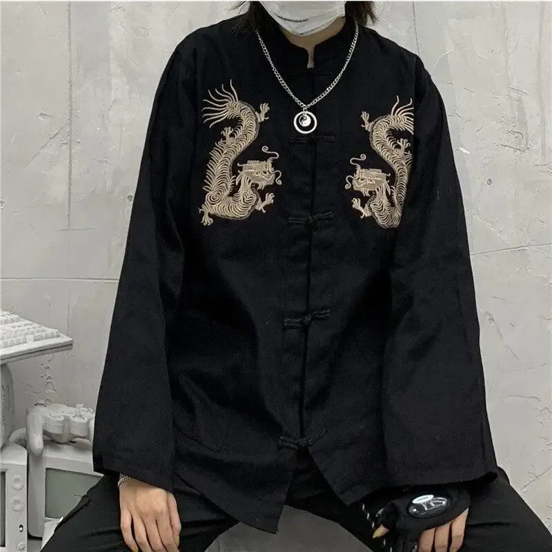 Mandarin Collar Shirt with Dragon Embroidery in Y2K Style