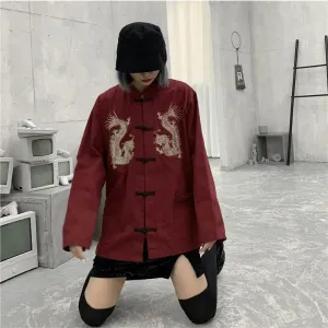Mandarin Collar Shirt with Dragon Embroidery in Y2K Style