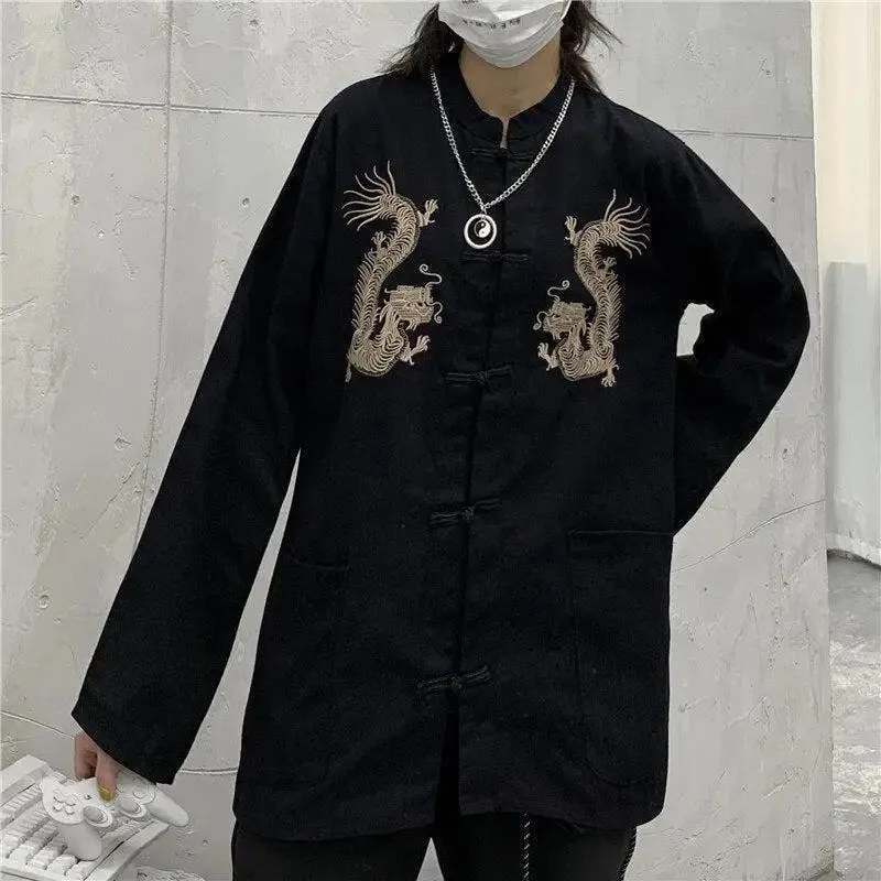 Mandarin Collar Shirt with Dragon Embroidery in Y2K Style