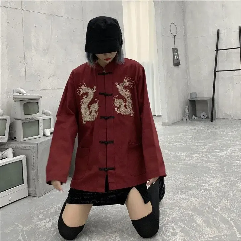 Mandarin Collar Shirt with Dragon Embroidery in Y2K Style