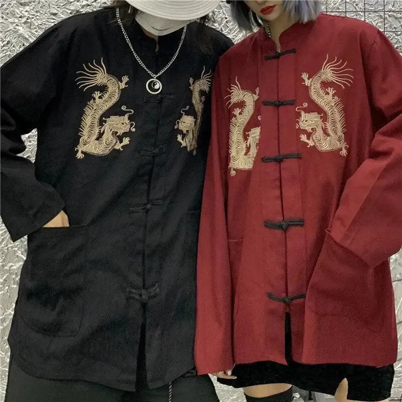 Mandarin Collar Shirt with Dragon Embroidery in Y2K Style