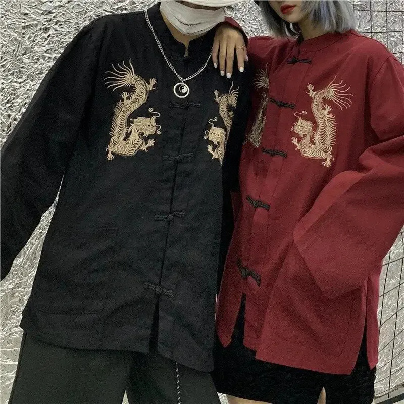 Mandarin Collar Shirt with Dragon Embroidery in Y2K Style