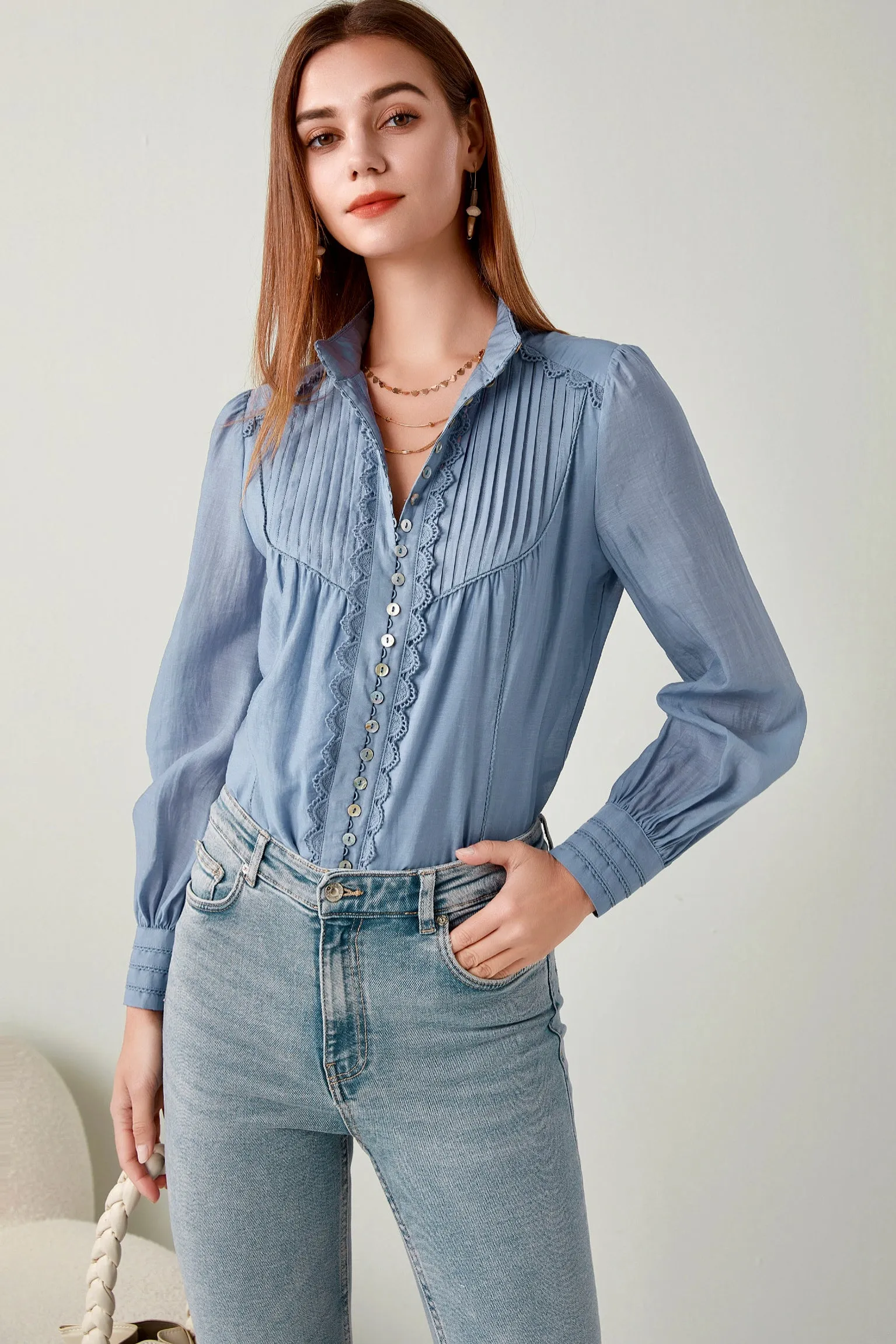 Melanie Linen/Tencel Blouse - Dusty Blue