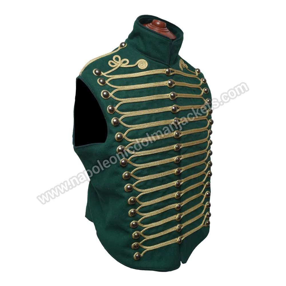 Men’s Steampunk Military Army Hussar Waistcoat Dull Green with Antique Gold Braiding