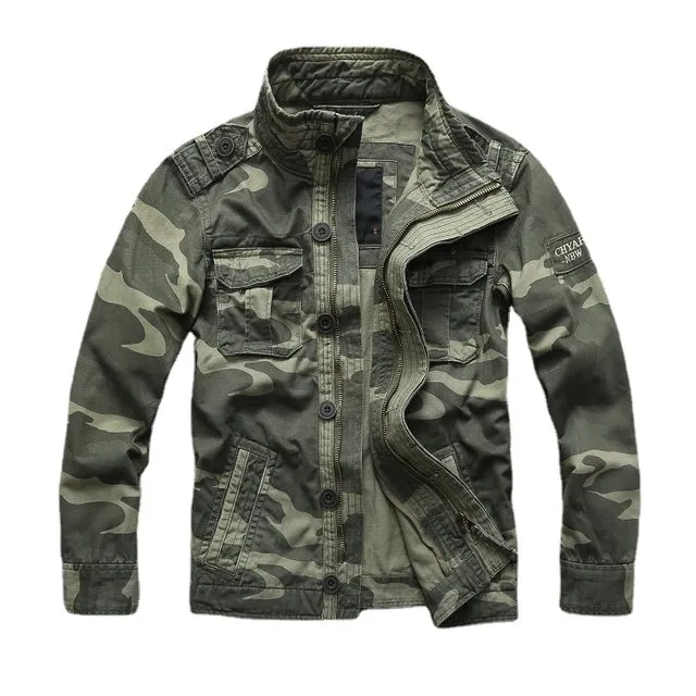 Military Denim Jacket Men Retro Camo Multi-pockets