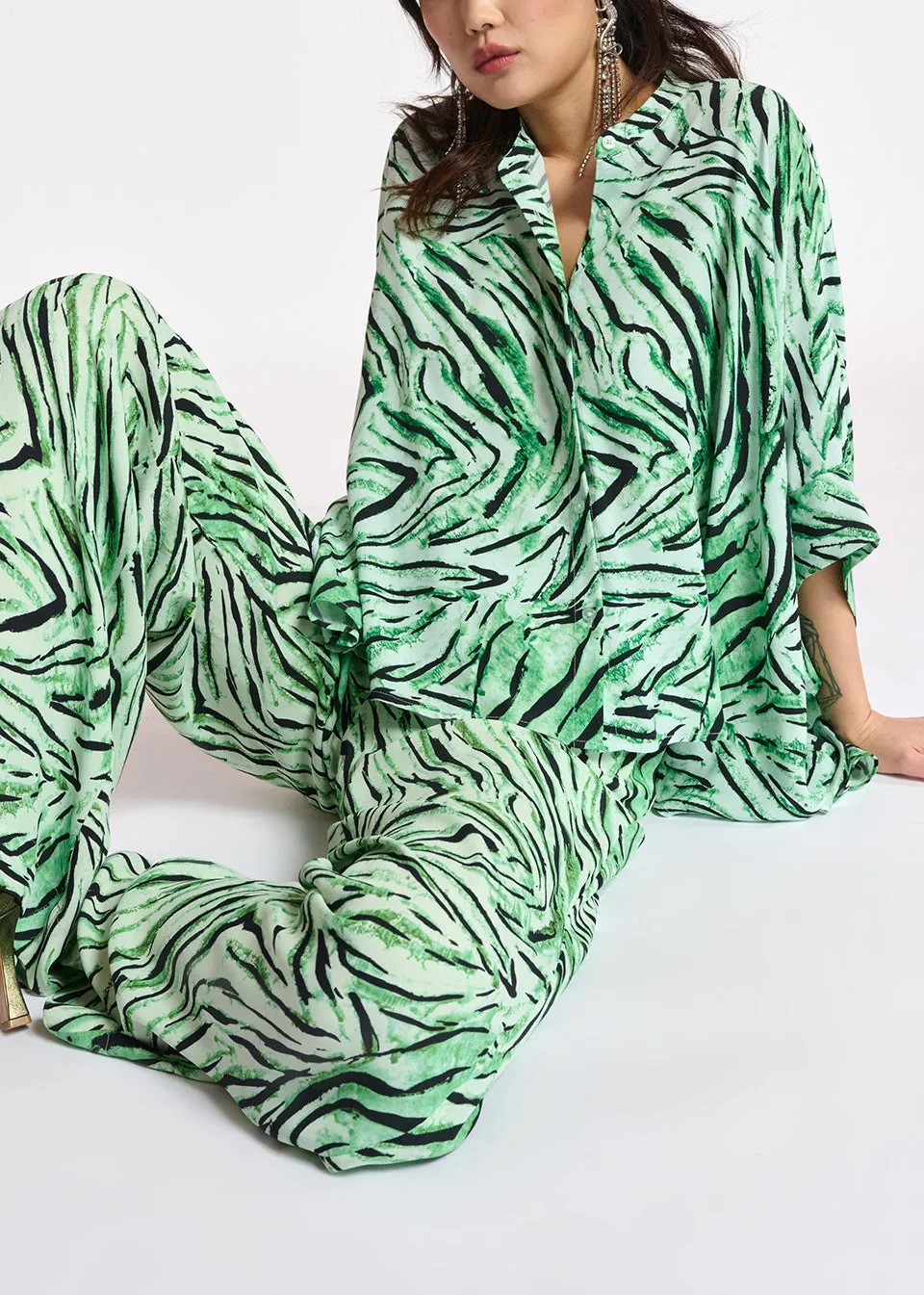 Mint green oversized top with tiger motif