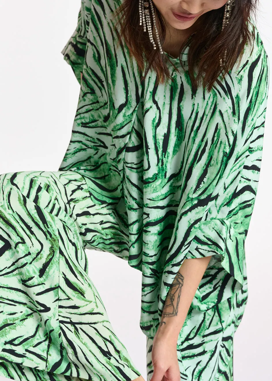 Mint green oversized top with tiger motif