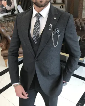 Modern Black One Button Slim Fitting Three Pieces Peaked Lapel Business Men Suits