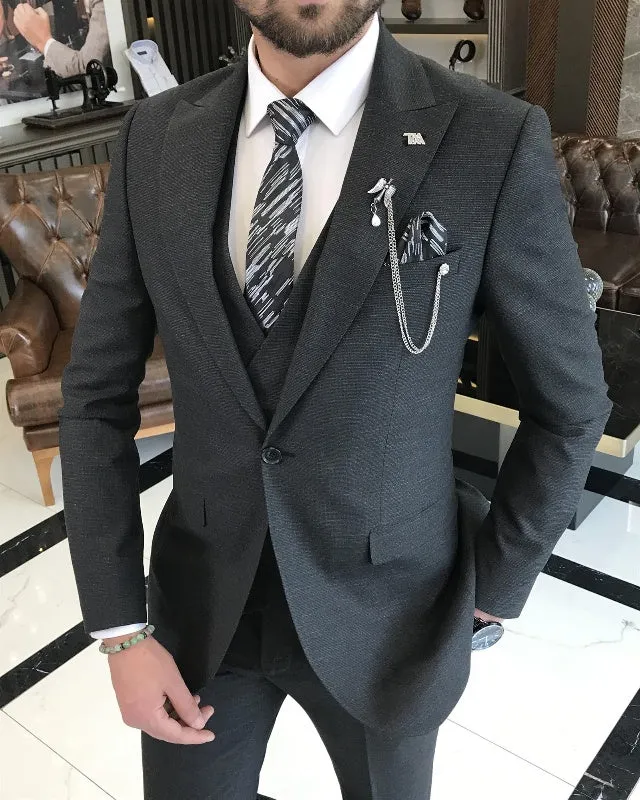 Modern Black One Button Slim Fitting Three Pieces Peaked Lapel Business Men Suits