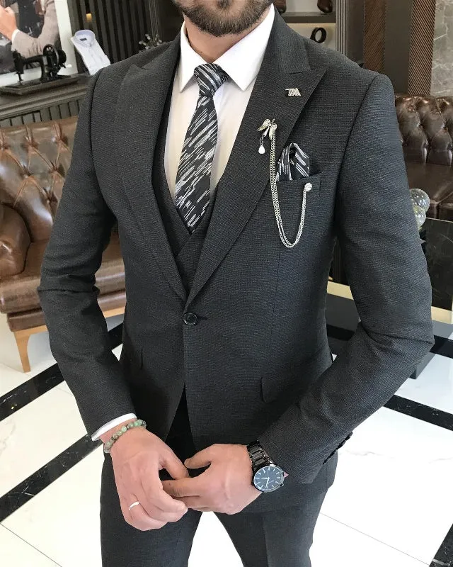 Modern Black One Button Slim Fitting Three Pieces Peaked Lapel Business Men Suits