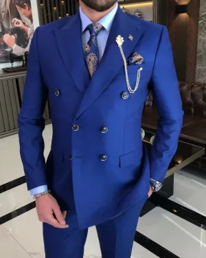 Modern Blue Double Breasted Best Fitting Peaked Lapel Prom Men Suits