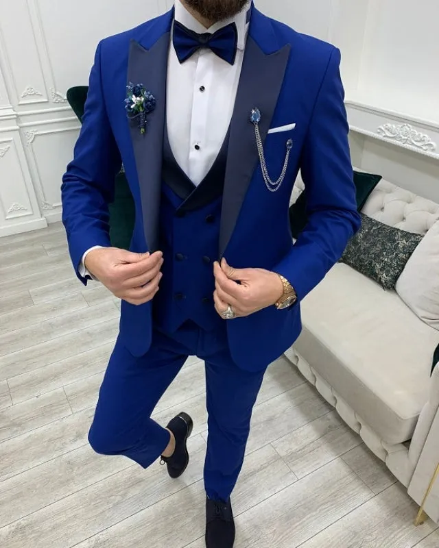 Modern Blue Shim Fit Three Pieces Peaked Lapel Prom Men Suits