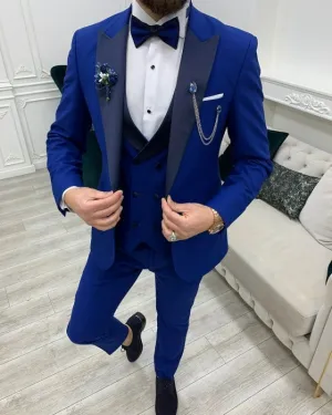 Modern Blue Shim Fit Three Pieces Peaked Lapel Prom Men Suits