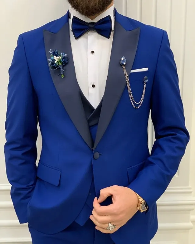 Modern Blue Shim Fit Three Pieces Peaked Lapel Prom Men Suits