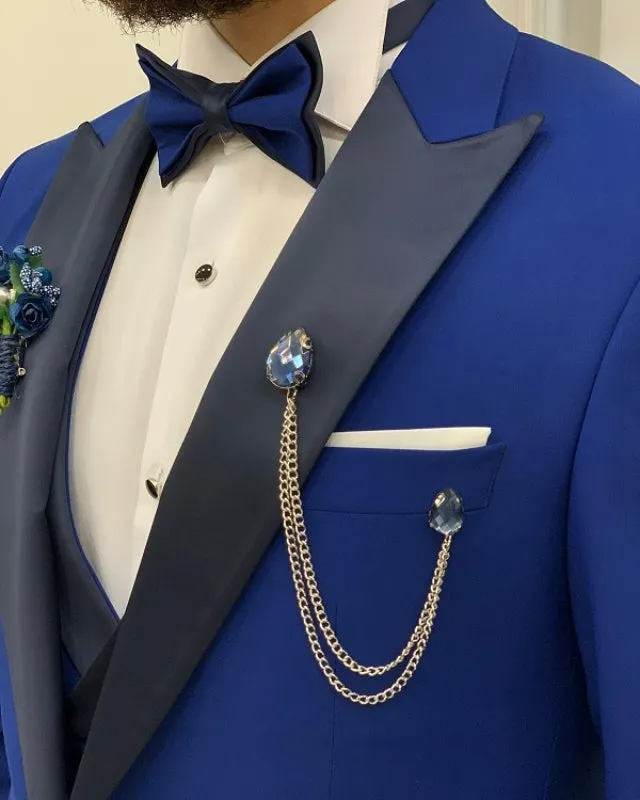 Modern Blue Shim Fit Three Pieces Peaked Lapel Prom Men Suits