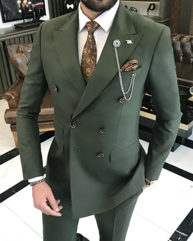 Modern Dark Green Double Breasted Best Fitting Peaked Lapel Business Men Suits