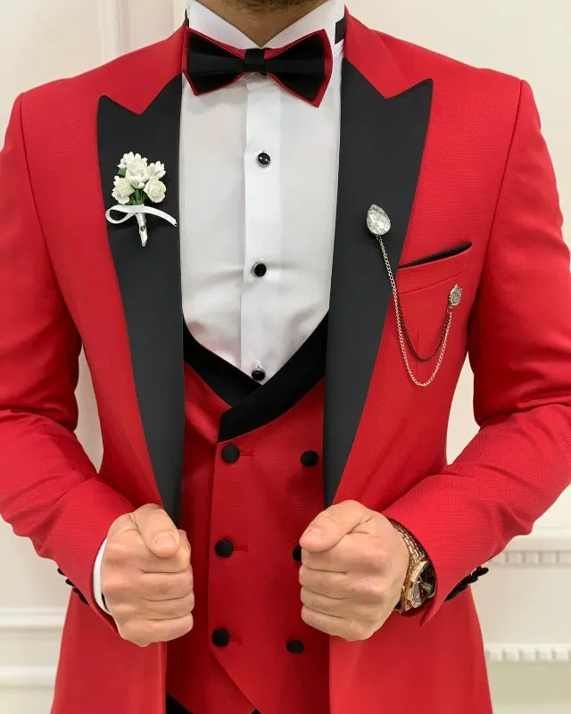 Modern Red Best Fitting three Pieces Peaked Lapel Prom Men Suits