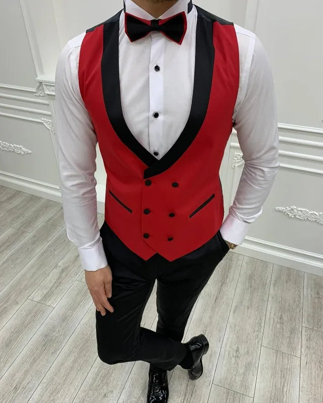 Modern Red Best Fitting three Pieces Peaked Lapel Prom Men Suits