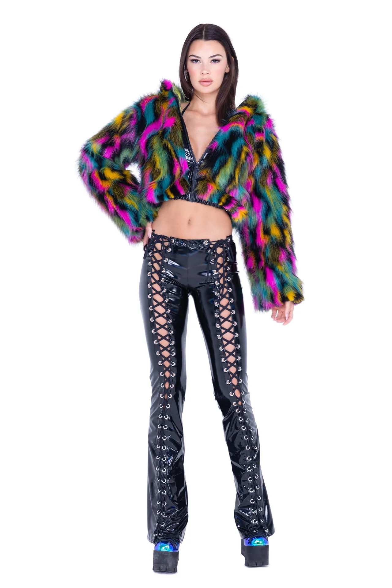 Multi Rainbow Cropped Hooded Fur Jacket