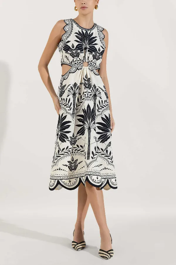 Naiara Palm Print Sleeveless Scalloped Trim Midi Dress