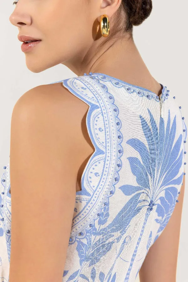 Naiara Palm Print Sleeveless Scalloped Trim Midi Dress