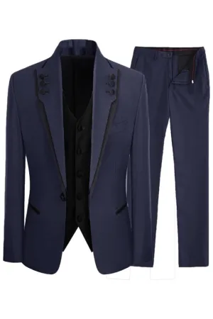 Navy Blue Three Piece Shawl Lapel Prom Suit