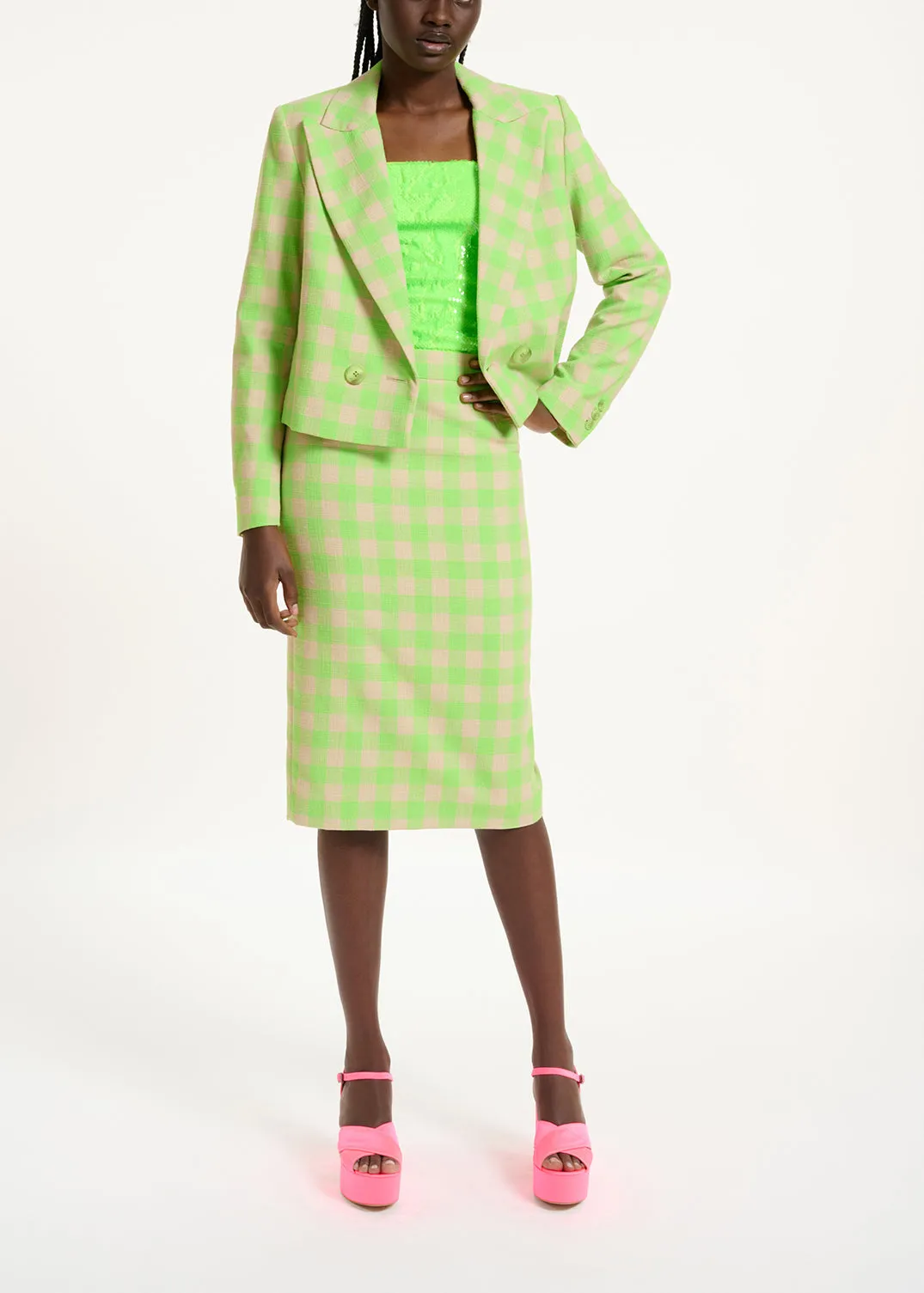 Neon green checkered cropped blazer