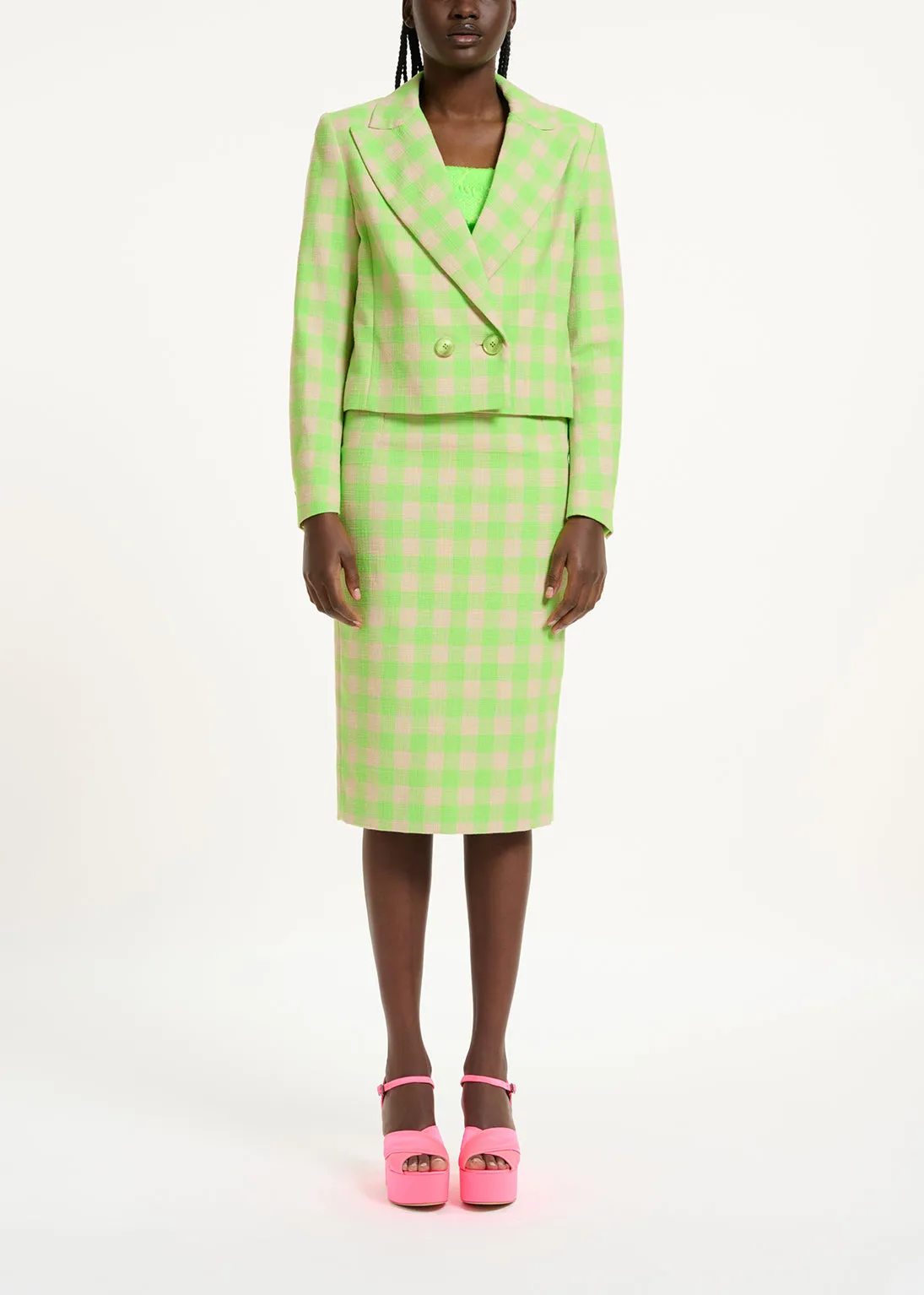Neon green checkered cropped blazer