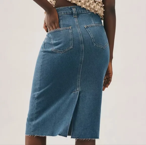 NEW Anthropologie Pilcro Dark Denim Blue Pleated Raw Hem Midi Skirt 2
