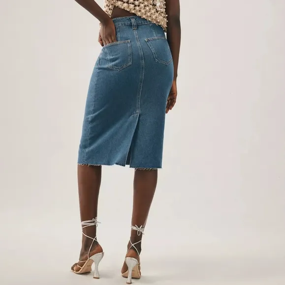 NEW Anthropologie Pilcro Dark Denim Blue Pleated Raw Hem Midi Skirt 2