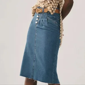NEW Anthropologie Pilcro Dark Denim Blue Pleated Raw Hem Midi Skirt 2