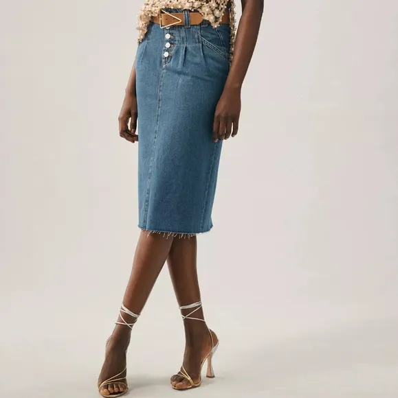 NEW Anthropologie Pilcro Dark Denim Blue Pleated Raw Hem Midi Skirt 2