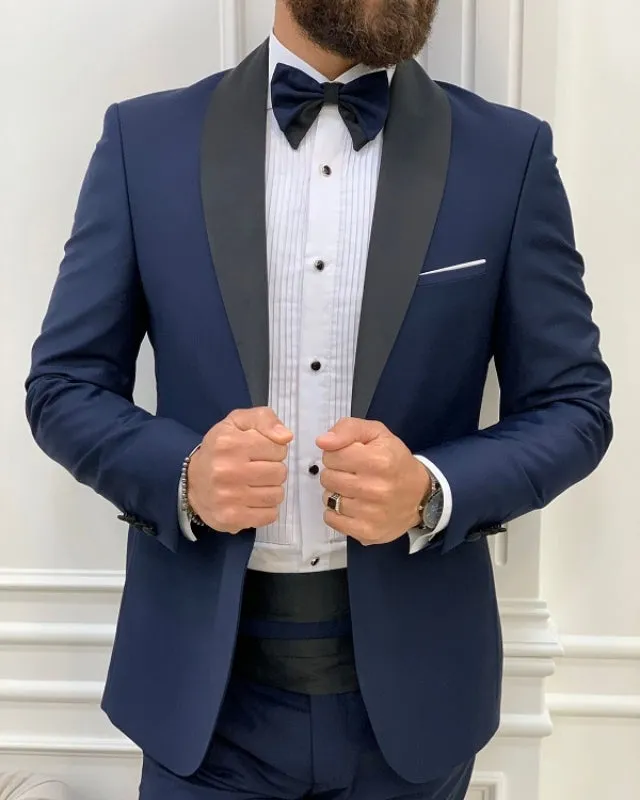 New Arrival Dark Blue Slim Fit Shawl Lapel Business Men Suits
