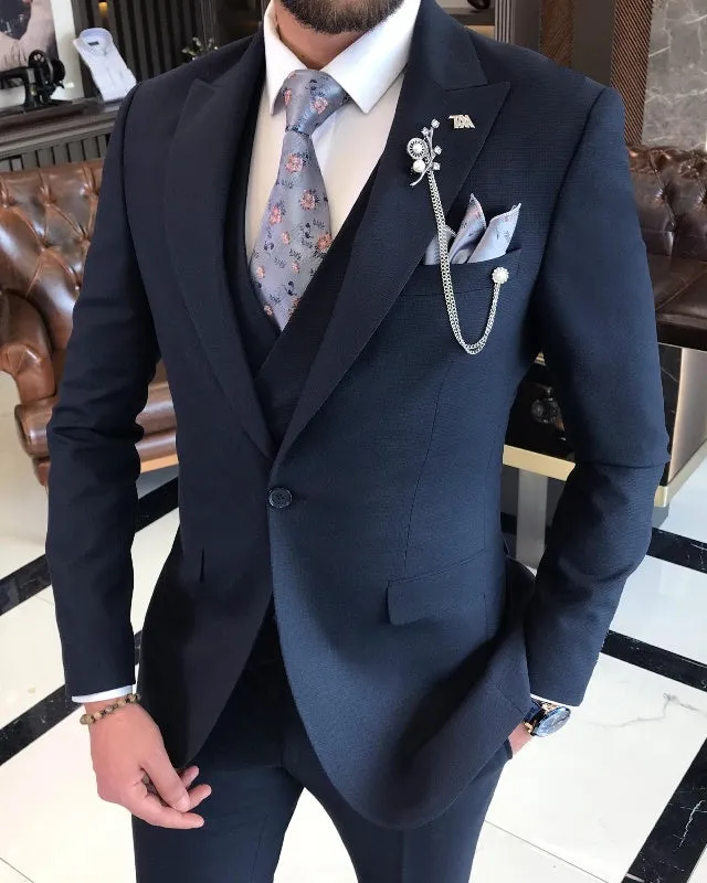 New Arrival Dark Navy Slim Fit Three Pieces Peaked Lapel Business Men Suits