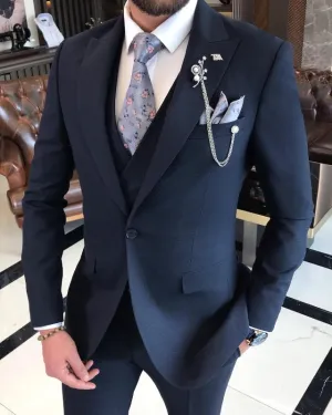New Arrival Dark Navy Slim Fit Three Pieces Peaked Lapel Business Men Suits