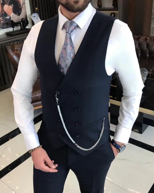 New Arrival Dark Navy Slim Fit Three Pieces Peaked Lapel Business Men Suits