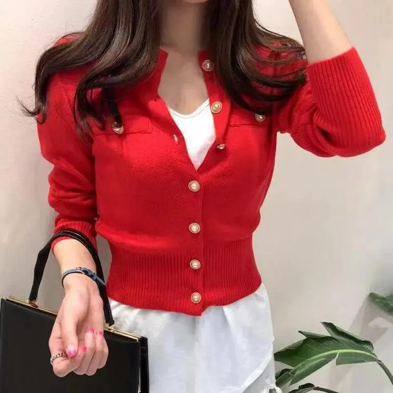 New Trendy Fashionable Women's Cardigan Sweater Spring Knitted Long Sleeve Short Coat Casual Single Breasted Slim Chic Ladies Top