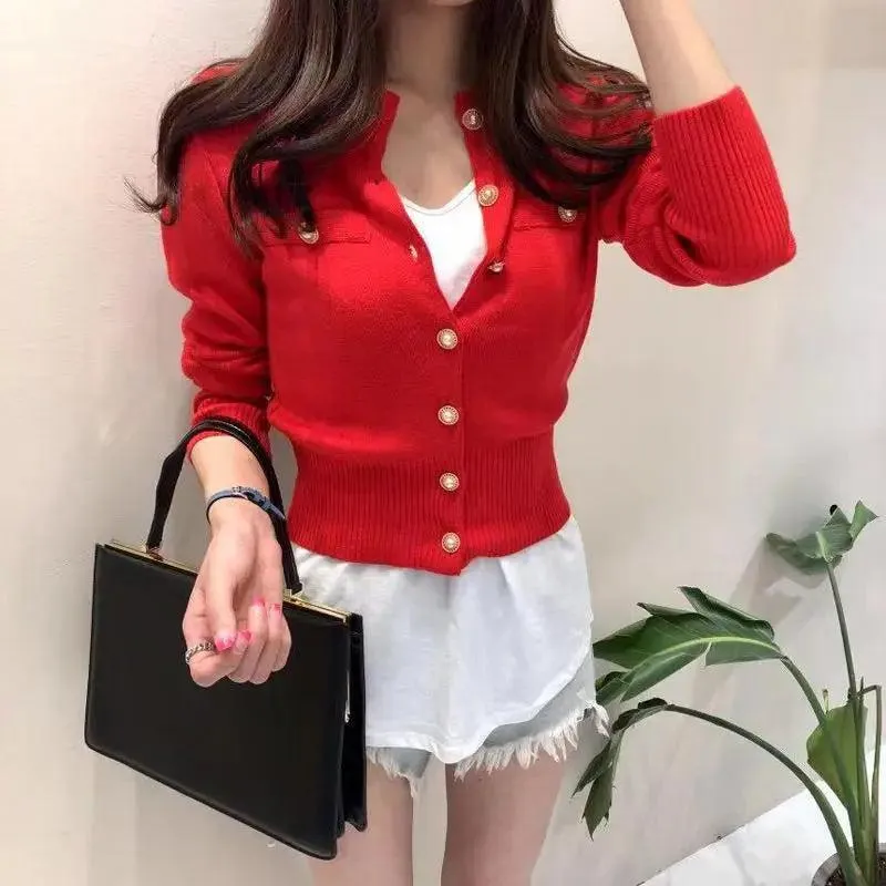 New Trendy Fashionable Women's Cardigan Sweater Spring Knitted Long Sleeve Short Coat Casual Single Breasted Slim Chic Ladies Top