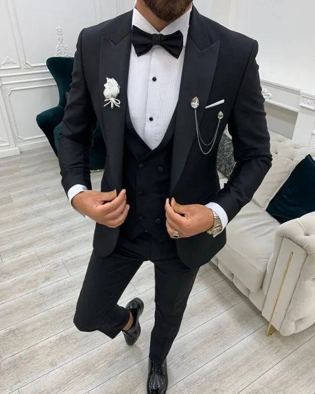Newest Black Best Fitting Three Pieces Peaked Lapel Business Men Suit