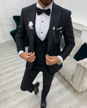 Newest Black Best Fitting Three Pieces Peaked Lapel Business Men Suit