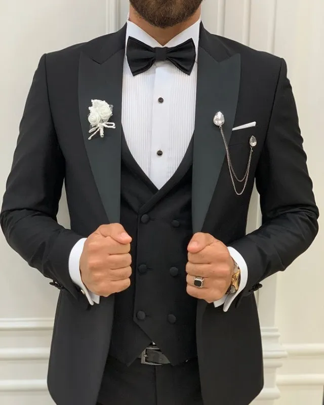 Newest Black Best Fitting Three Pieces Peaked Lapel Business Men Suit