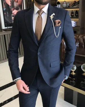 Newest Dark Blue Three Pieces Slim Fit Peaked Lapel Business Suits For Men
