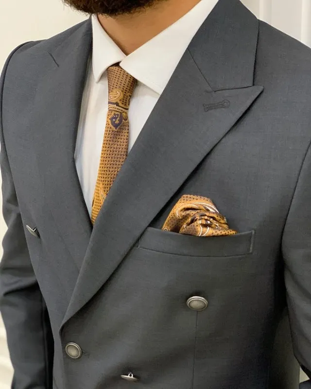 Newest Dark Gray Double Breasted Slim Fit Peaked Lapel Business Men Suits