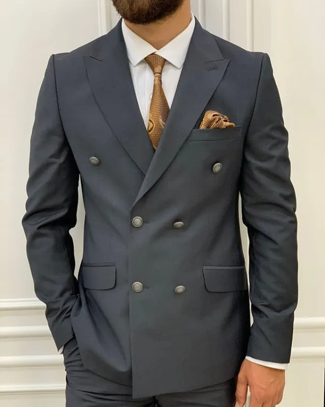 Newest Dark Gray Double Breasted Slim Fit Peaked Lapel Business Men Suits