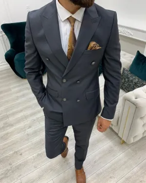 Newest Dark Gray Double Breasted Slim Fit Peaked Lapel Business Men Suits