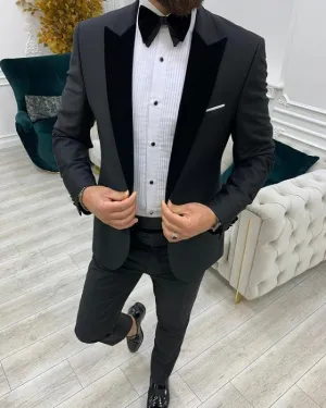 Newest Dark Gray Slim Fit Two Pieces Peaked Lapel Wedding Men Suits