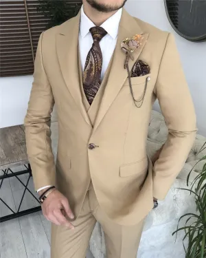 Newest Khaki Three Pieces Peaked Lapel Slim Fit Business Men Suits