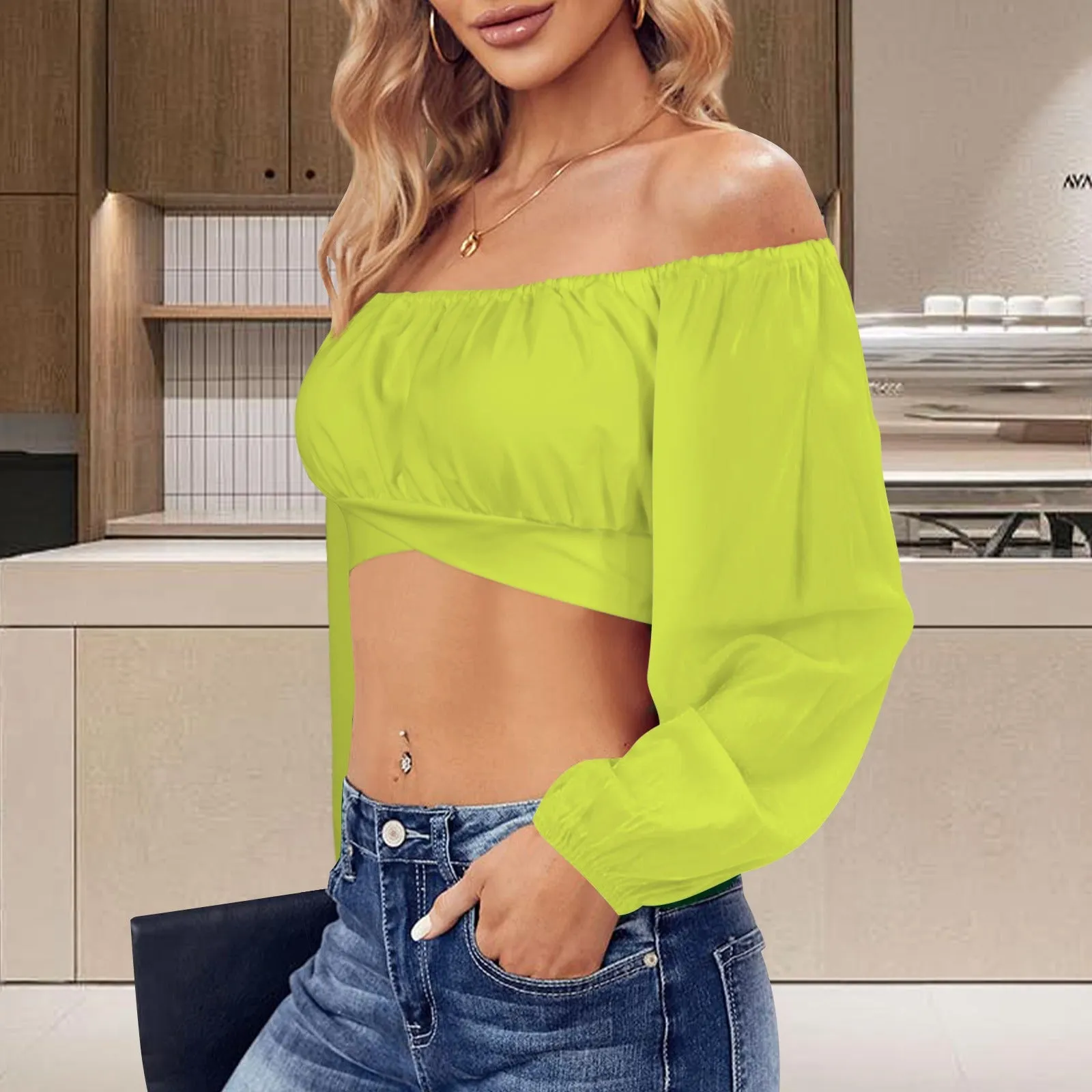 Off Shoulder Long Sleeve Cross Tie Back Crop Blouse
