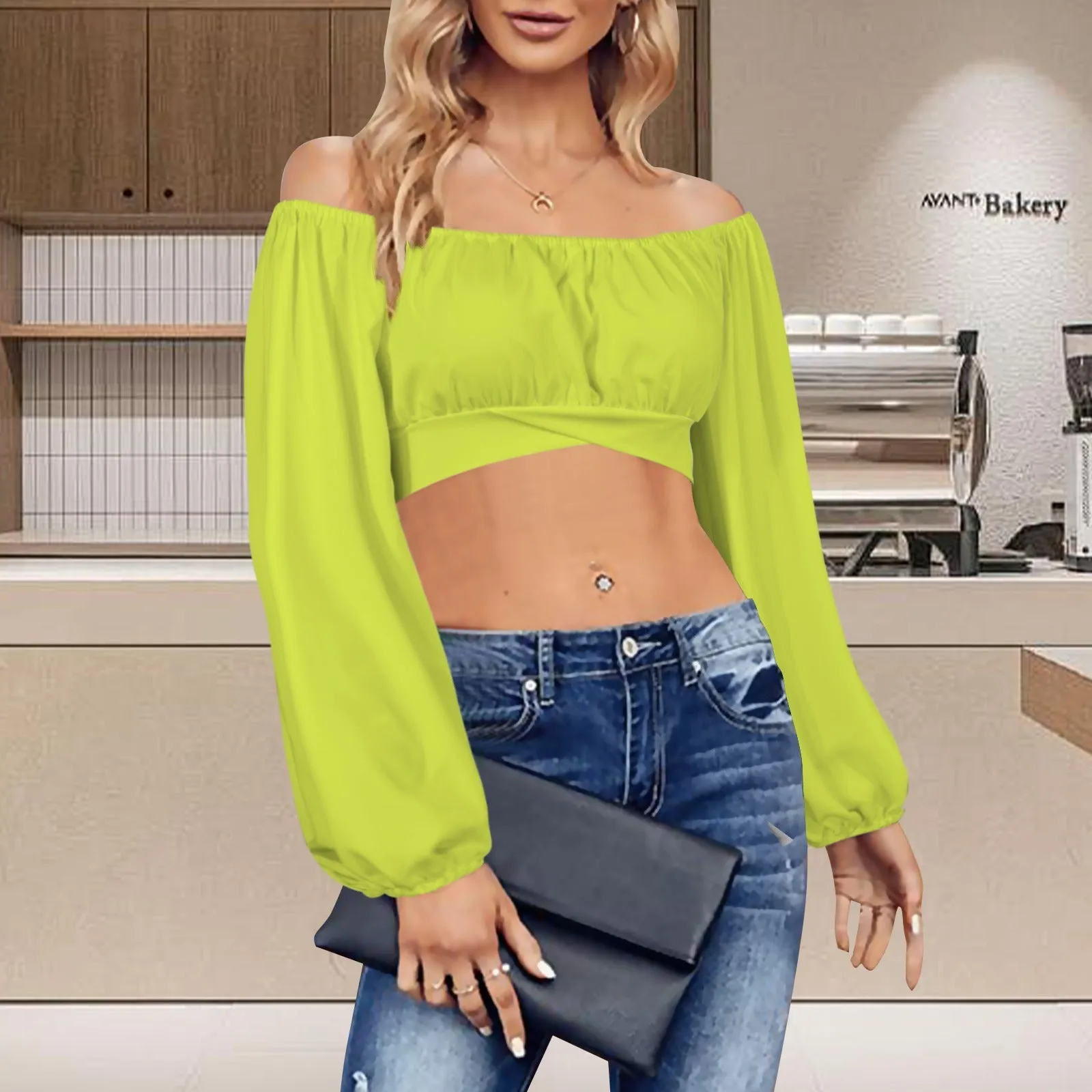 Off Shoulder Long Sleeve Cross Tie Back Crop Blouse