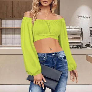Off Shoulder Long Sleeve Cross Tie Back Crop Blouse